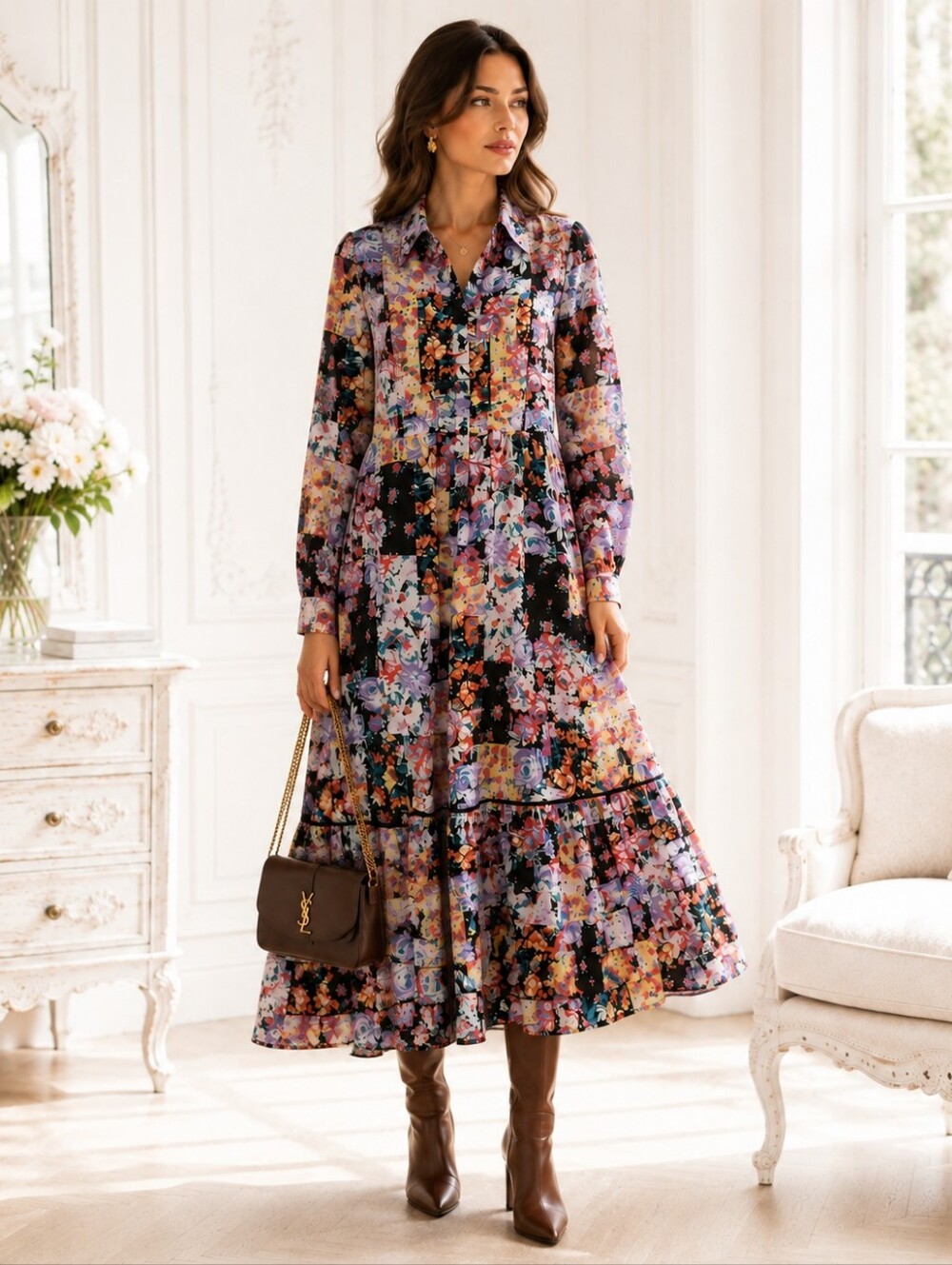 Harlow & Rose | Patchwork Floral Midi Dress Tiered Button Front | Size XL